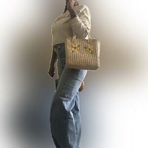 GAP Wicker Handbag with Embroidered Flowers Two Braided Wicker Handles